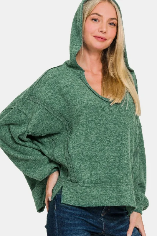 Zenana Brushed Hacci Exposed Seam Hoodie Hoodie with Typography Text Message