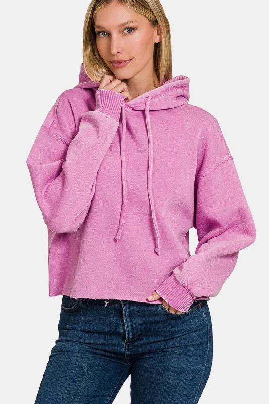 Zenana Acid Wash Fleece Cropped Hoodie In Mauve Hoodie Jacket Zipper Layering