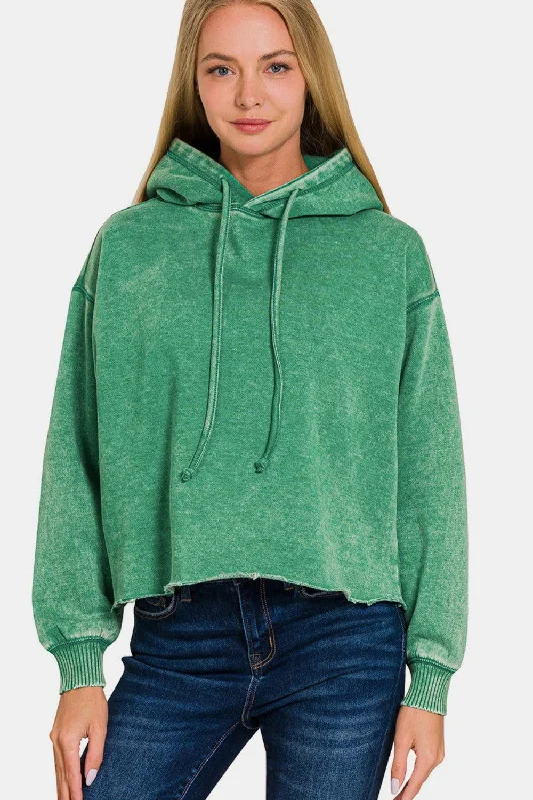 Zenana Acid Wash Fleece Cropped Hoodie Hoodie with Illustration Artistic Creative