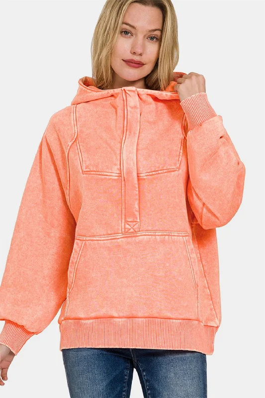 Zenana Acid Wash Fleece Kangaroo Hoodie In Coral Hoodie with High-Low Hem Asymmetrical Trendy Zenana Acid Wash Fleece Kangaroo Hoodie In Coral Hoodie with High-Low Hem Asymmetrical Trendy