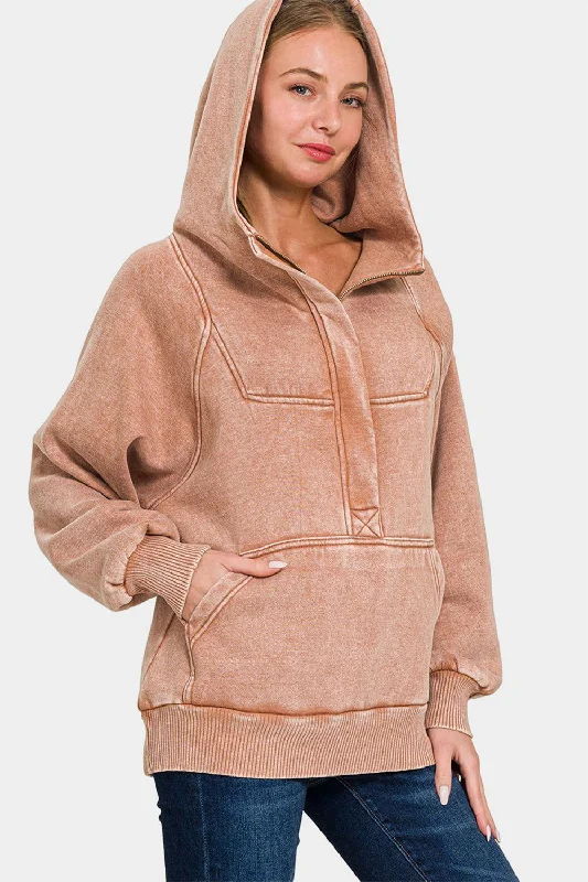 Zenana Acid Wash Fleece Kangaroo Hoodie In Rust Hoodie with Hem Embroidery Detailed Premium Zenana Acid Wash Fleece Kangaroo Hoodie In Rust Hoodie with Hem Embroidery Detailed Premium