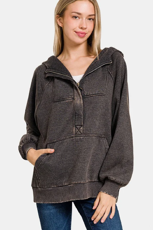 Zenana Acid Wash Fleece Kangaroo Hoodie Cotton Hoodie Fleece Lining Warmth