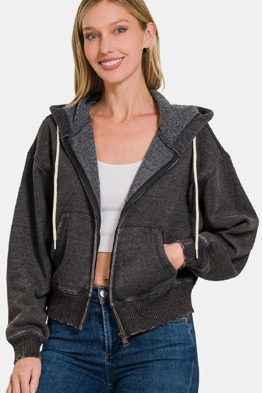 Zenana Acid Wash Fleece Zip-Up Cropped Hoodie Hoodie with Embroidery Detailed Premium Zenana Acid Wash Fleece Zip-Up Cropped Hoodie Hoodie with Embroidery Detailed Premium