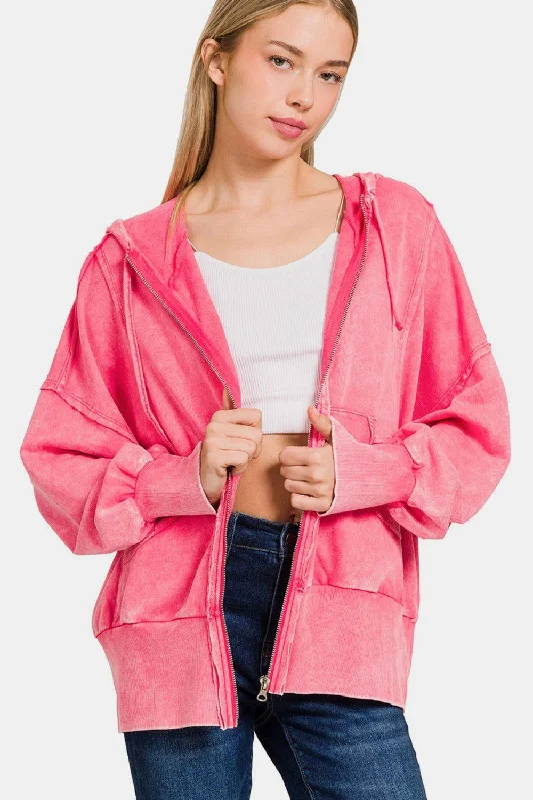 Zenana Acid Washed French Terry Zip-Up Hoodie with Pockets Hoodie with Tie-Dye Psychedelic Retro