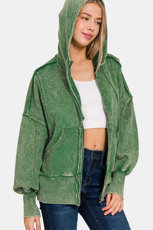 Zenana Acid Washed French Terry Zip-Up Hoodie with Pockets Hoodie with Raglan Sleeves Sporty Comfortable Zenana Acid Washed French Terry Zip-Up Hoodie with Pockets Hoodie with Raglan Sleeves Sporty Comfortable