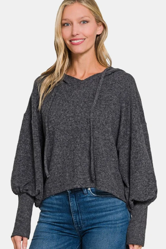 Zenana Brushed Hacci Drop Shoulder Cropped Hoodie In Black Hoodie with Double Zipper Versatile Adjustable Zenana Brushed Hacci Drop Shoulder Cropped Hoodie In Black Hoodie with Double Zipper Versatile Adjustable