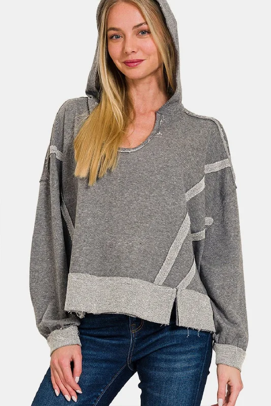Zenana Contrast Trim Slit Hoodie Hoodie Crop Top Short Trendy