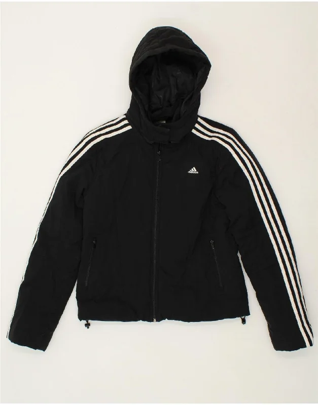 ADIDAS Womens Hooded Windbreaker Jacket UK 12 Medium Black Polyester Belted Jacket Elasticated Jacket Padded Jacket