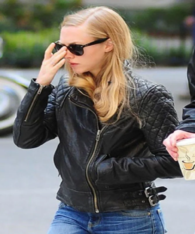 Amanda Seyfried Black Leather Jacket Embroidered Jacket Appliqued Jacket Beaded Jacket