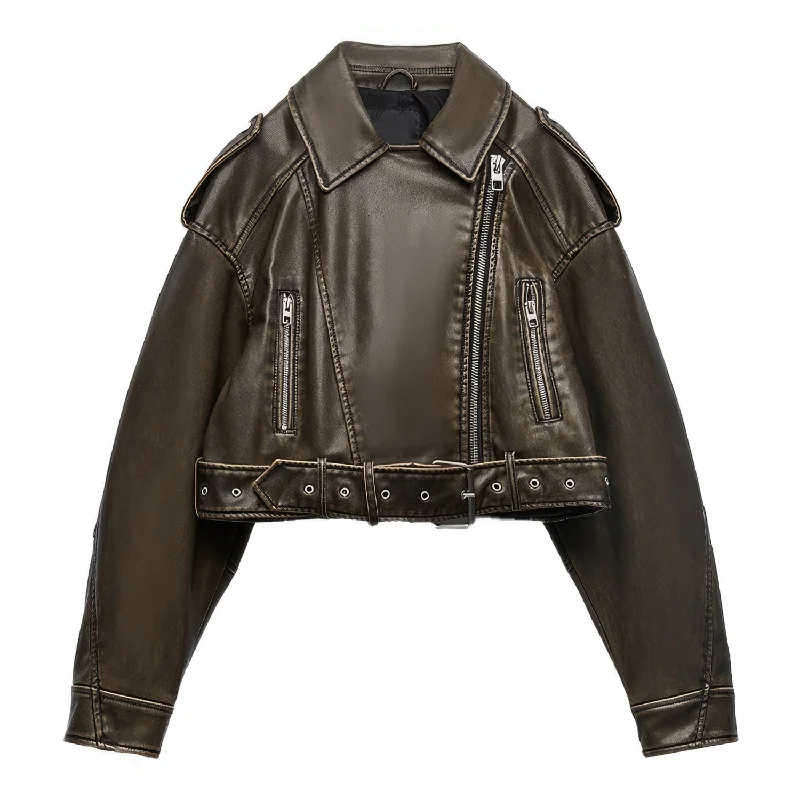 : Women’s Biker Vintage Brown Genuine Sheepskin Sporty Casual Moto Biker Lapel Collar Café Racer Streetwear Loose Asymmetric Leather Jacket Rayon Jacket Velvet Jacket Corduroy Jacket