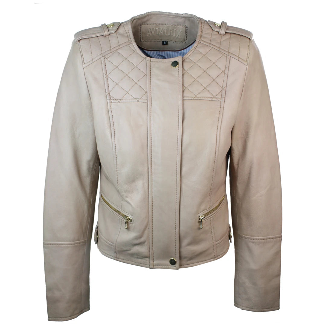 Women's Cream Biker Fitted Lambskin Leather Jacket Collared Jacket Crew Neck Jacket Turtle Neck Jacket