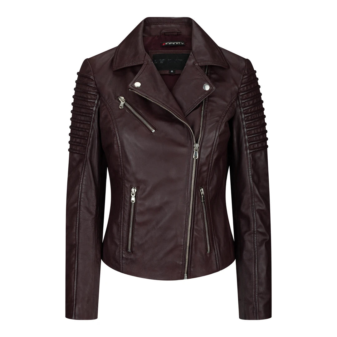 Women's Leather Burgundy Biker Jacket Boat Neck Shawl Collar Notched Collar