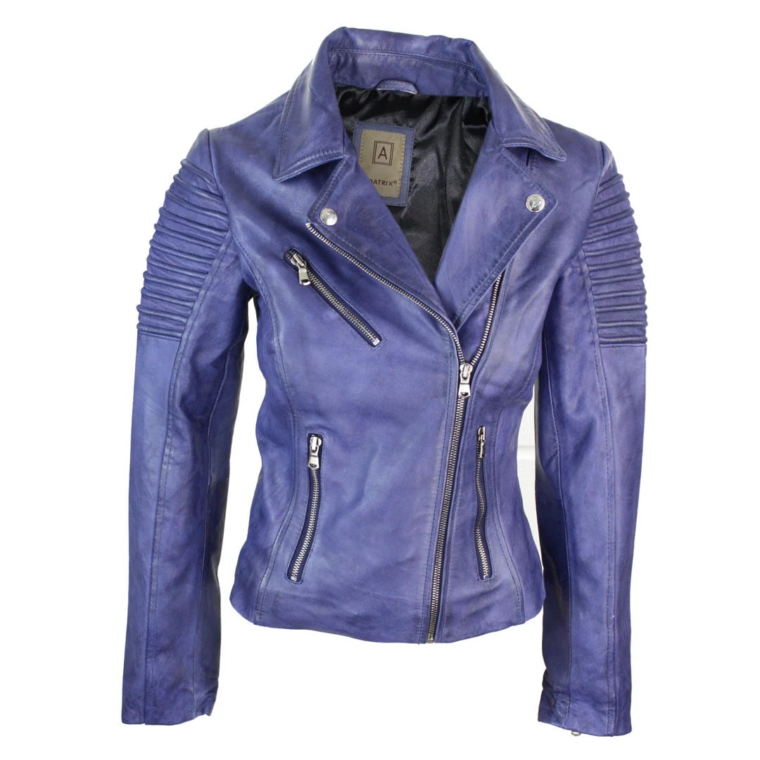 Women's Leather Blue Purple Biker Jacket Cardigan Sweater Pullover