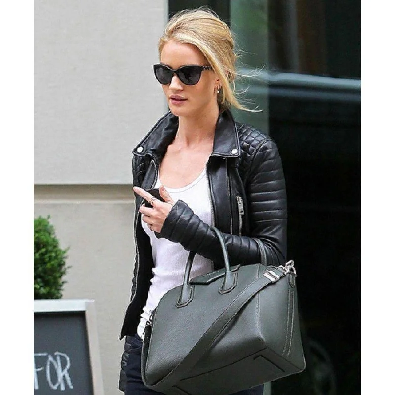 Rosie Huntington Whiteley Black Leather Quilted Jacket For Women Print Jacket Jacquard Jacket Patchwork Jacket