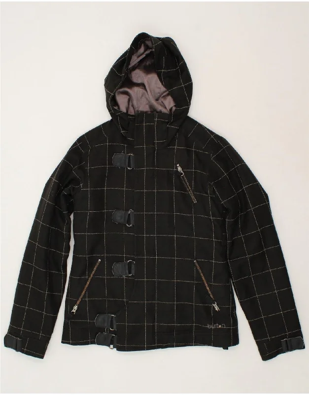 BURTON Womens Hooded Windbreaker Jacket UK 12 Medium Black Check Herringbone Jacket Checkered Jacket Solid Jacket