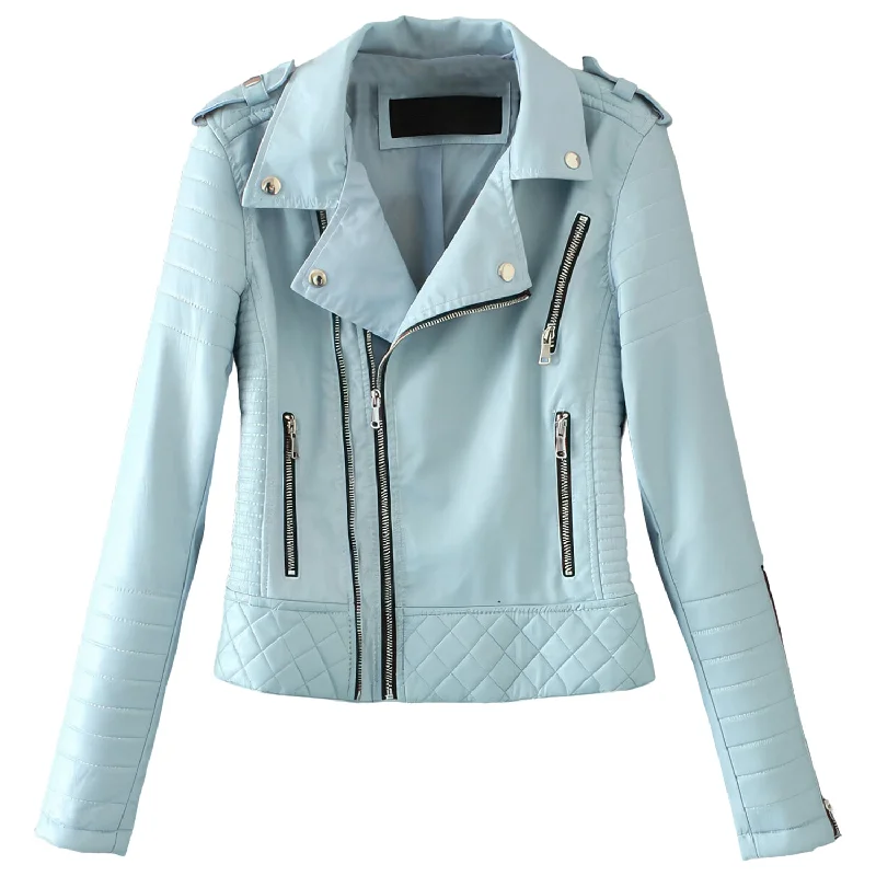 : Women’s Sky Blue Biker Genuine Sheepskin Lapel Collar Café Racer Outfit Quilted Design Sporty Crossover Asymmetric Rider Leather Jacket Hoodie Zip-Up Jacket Button-Up Jacket