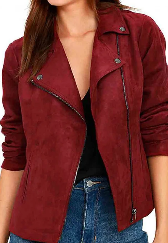 Women’s Red Suede Leather Biker Jacket Print Jacket Jacquard Jacket Patchwork Jacket