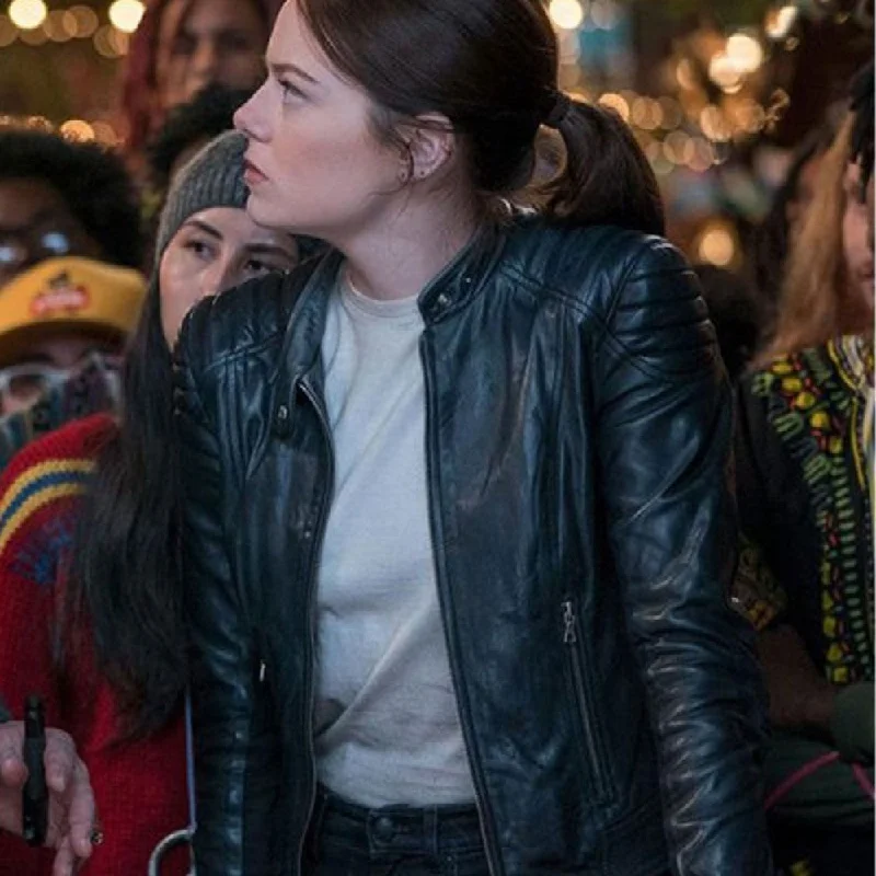 Double Tap Emma Stone Biker Leather Jacket Notch Collar Jacket Peter Pan Collar Jacket Cowl Neck Jacket