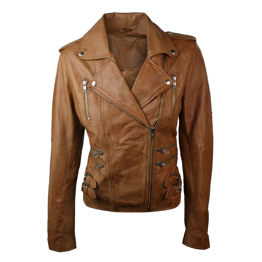 Women's Leather Tan Short Biker Jacket Welt Pockets Slit Pockets Flap Pockets