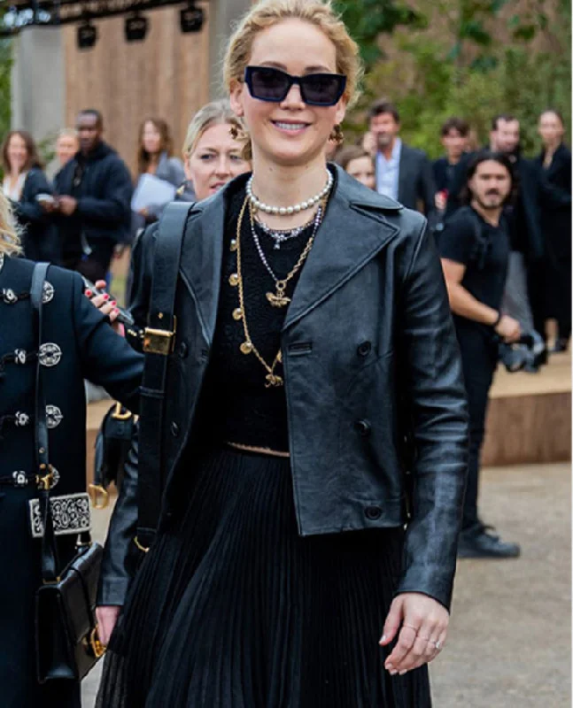 Jennifer Lawrence Black Leather Jacket Zippered Jacket Buttoned Jacket Snapped Jacket