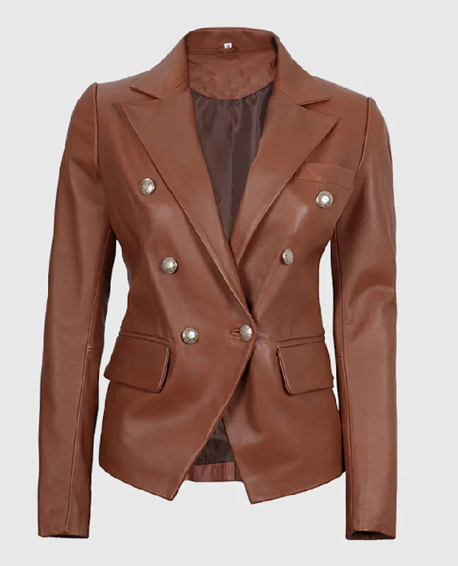 Kinley Women's Double Breasted Brown Leather Blazer Jacket Trench Coat Raincoat Waterproof Jacket