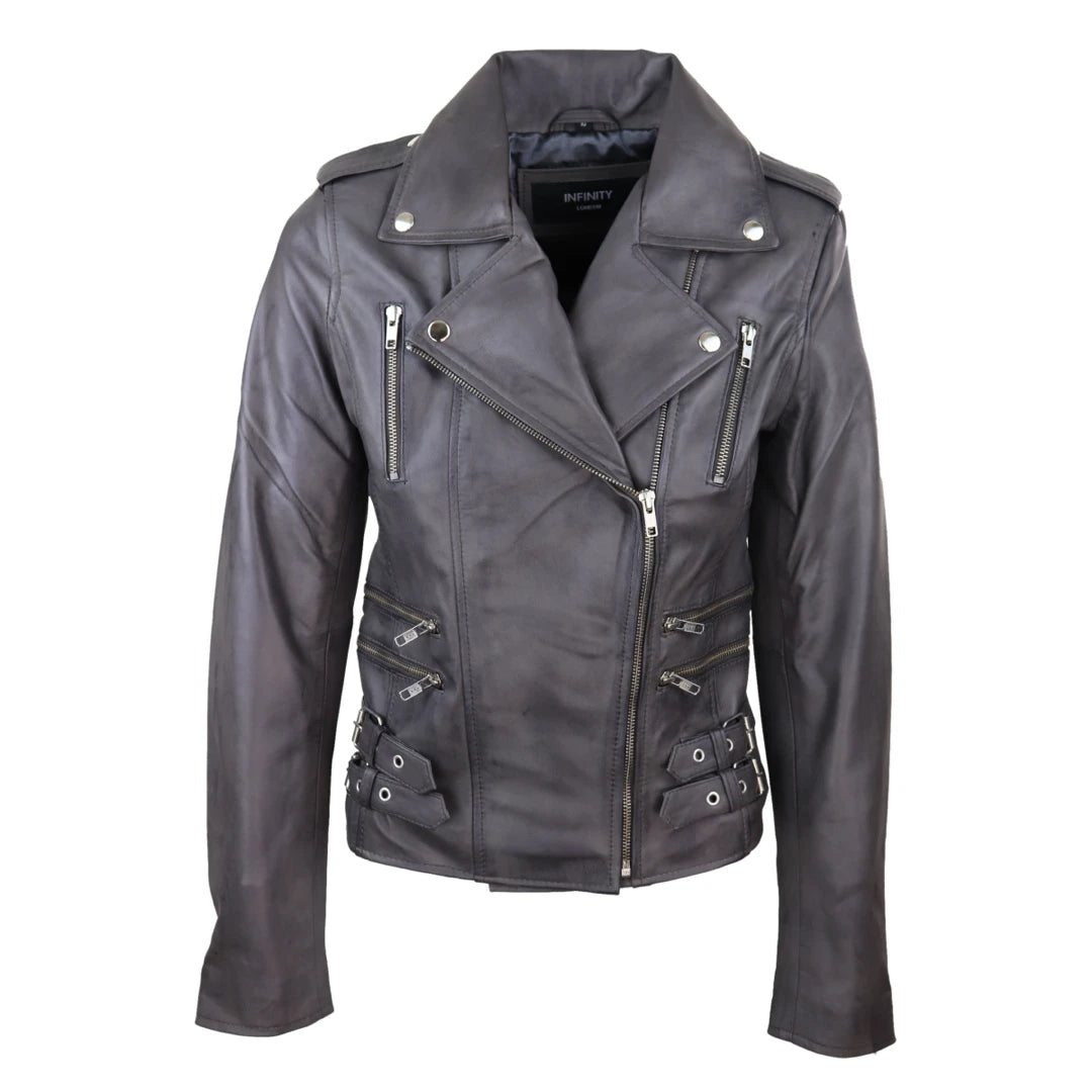 Women's Leather Grey Short Biker Jacket Print Jacket Jacquard Jacket Embroidered Jacket