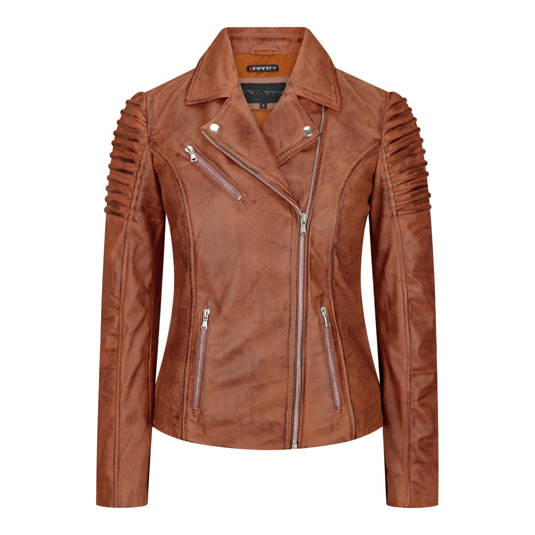 Women's Leather Brown Biker Jacket Faux Fur Fabric Real Fur Fabric Shearling Fabric