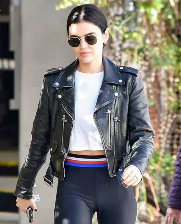 Lucy Hale Black Biker Leather Jacket Cotton Fabric Linen Fabric Terry Fabric