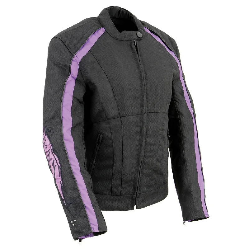 Milwaukee Leather MPL1954 Women's 'Studded Wings' Black and Purple Textile Moto Jacket One-Shoulder Jacket Off-the-Shoulder Jacket Asymmetrical Jacket