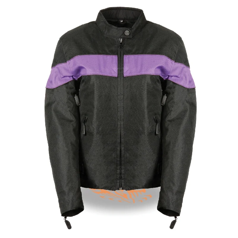 Milwaukee Leather SH2261 Women's Black and Purple Textile Lightweight Motorcycle Jacket with Reflective Piping Welt Pockets Slit Pockets Flap Pockets