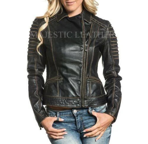 NEW WOMEN'S BLACK VINTAGE LAMB LEATHER MOTO JACKET Faux Fur Jacket Real Fur Jacket Shearling Jacket