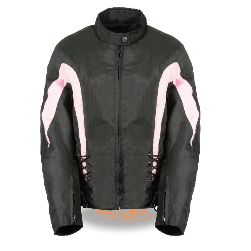 Nexgen SH2188 Women's Black and Pink Textile Motorcycle Riding Jacket with Side Stretch and Lacing Welt Pockets Slit Pockets Flap Pockets