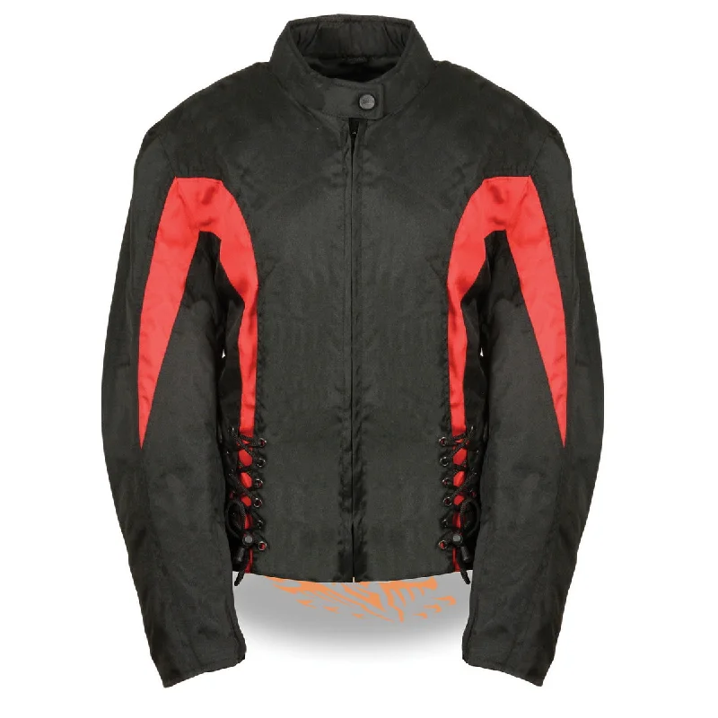 Nexgen SH2188 Women's Black and Red Textile Motorcycle Riding Jacket with Side Stretch and Lacing Chenille Fabric Brocade Fabric Lace Fabric