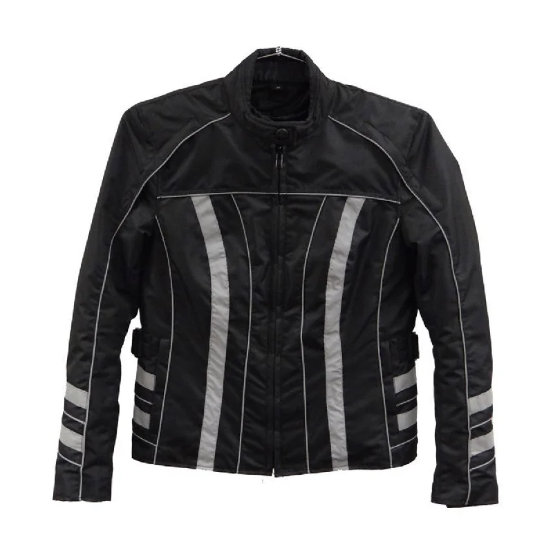 NexGen SH2394 Women's Black and Silver Textile Racer MC Jacket Ribbed Jacket Pleated Jacket Ruffled Jacket