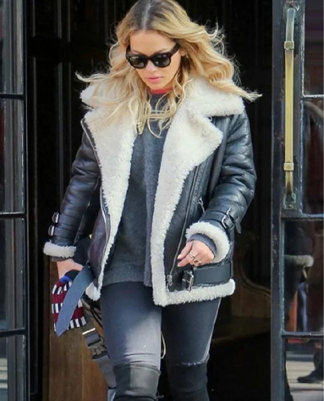 Rita Ora Black Leather Jacket Ribbed Jacket Pleated Jacket Ruffled Jacket