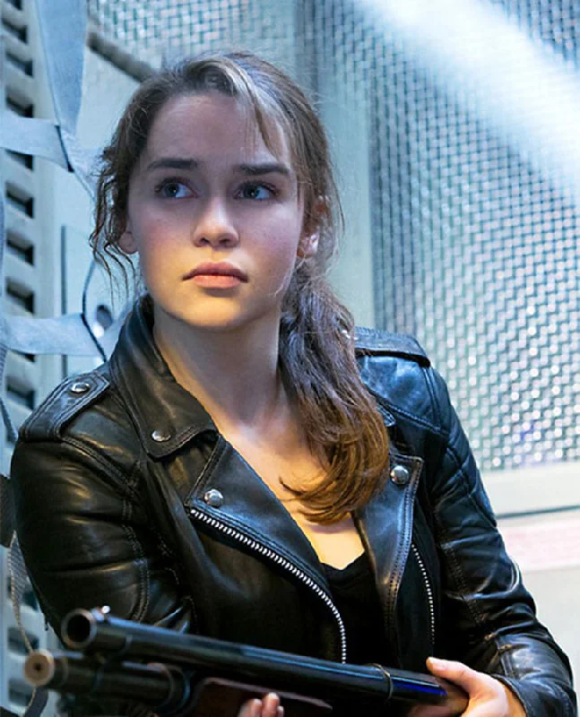 Sarah Connor Terminator Genisys Black Leather Jacket Tailored Jacket Straight Jacket A-Line Jacket