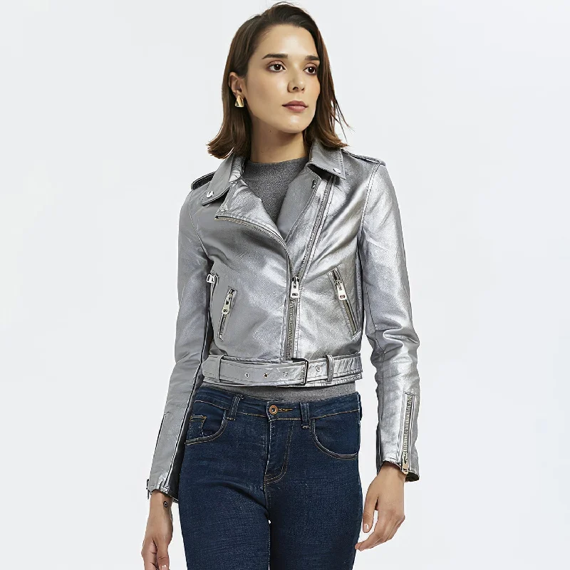 : Women’s Silver Biker Genuine Sheepskin Lapel Collar Rivet Asymmetric Zip-Up Motorcycle Racer Belted Slim Fit Leather Jacket Tailored Jacket Straight Jacket A-Line Jacket