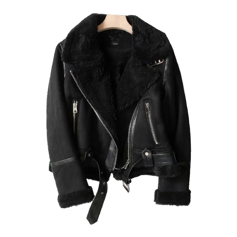 Timeless Women's Vintage Black Suede Lambskin Shearling Moto Biker Jacket Lace Jacket Ribbed Jacket Sequined Jacket