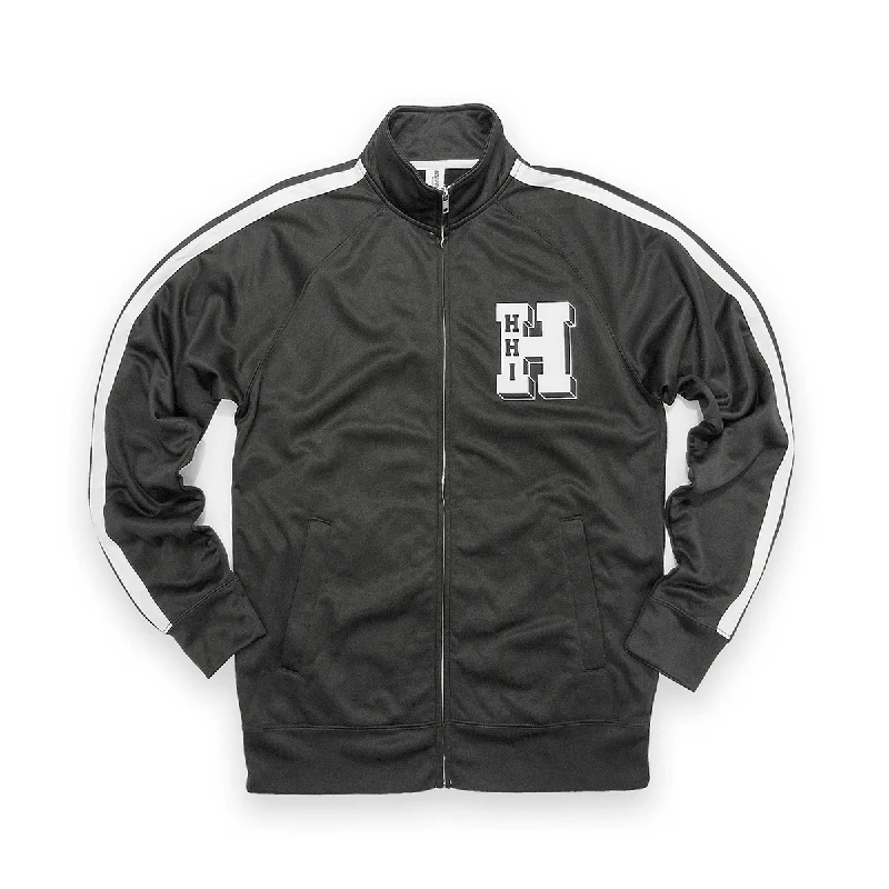 UNISEX NEW VARSITY CONTRAST TAPING ZIP TRACK JACKET - BLACK/WHITE Zippered Front Buttoned Front Snap Front