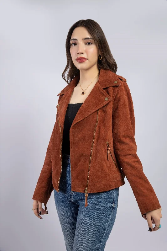 Women Cassidy Genuine Lambskin Biker Suede Leather Jacket Knit Fabric Woven Fabric Fleece Fabric