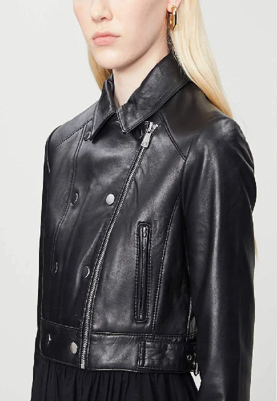 Women’s Black Leather Cropped Biker Jacket Satin Fabric Silk Fabric Chiffon Fabric