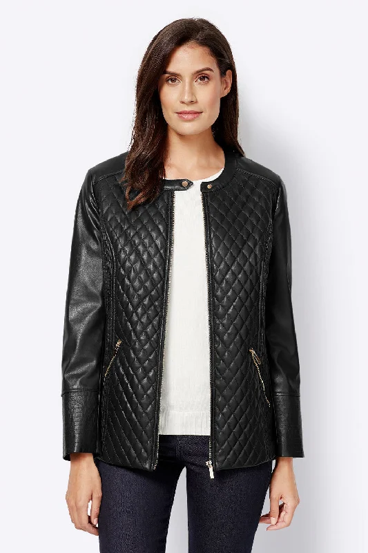 Women’s Black Leather Jacket Ban Collar Chenille Jacket Brocade Jacket Lace Jacket