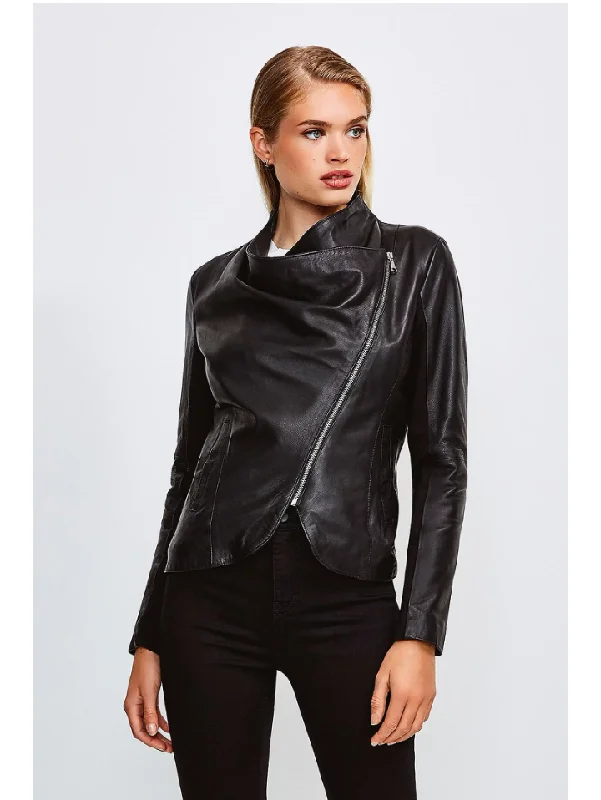 Women’s Black Leather Jacket Cotton Back Boat Neck Shawl Collar Notched Collar