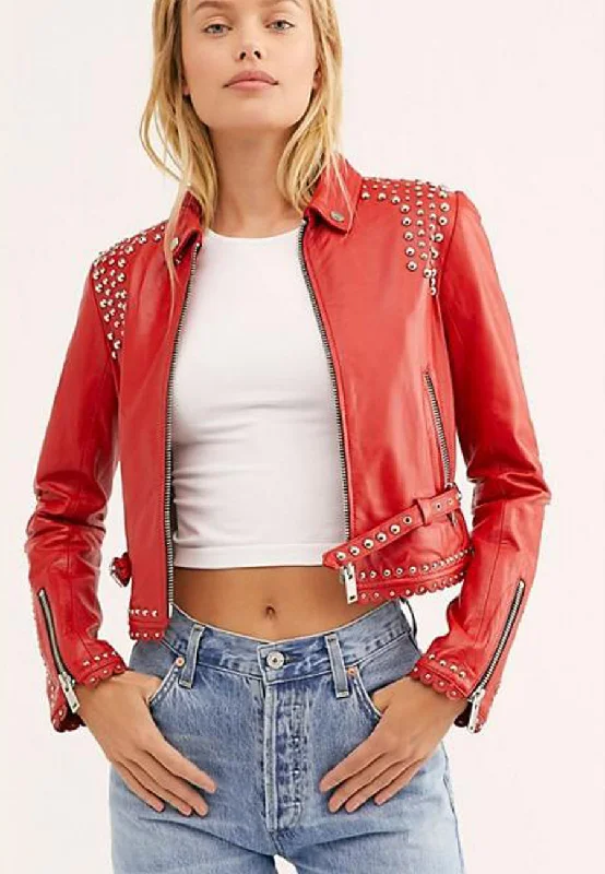 Women’s Red Leather Biker Punk Jacket Fitted Jacket Loose Jacket Oversized Jacket