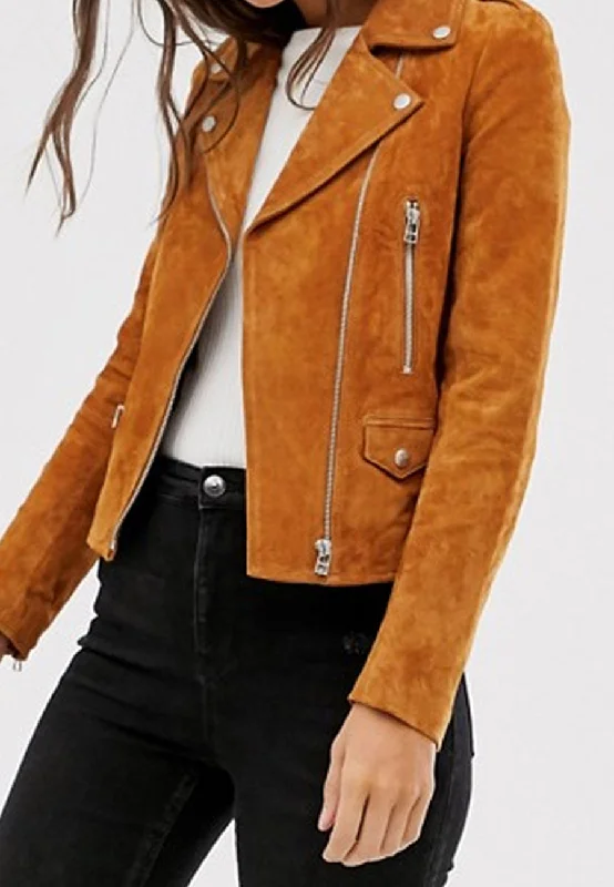 Women’s Tan Brown Suede Leather Biker Jacket Oversized Jacket Tailored Jacket Straight Jacket