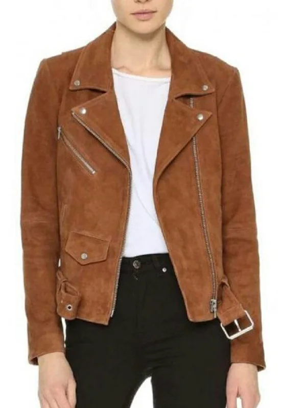 Women’s Tan Brown Suede Leather Biker Jacket Rayon Jacket Velvet Jacket Corduroy Jacket