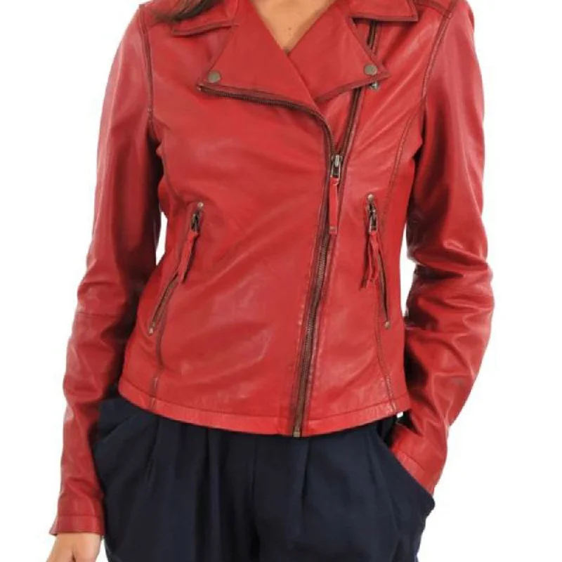 Womens Assymetrical Motorbike Red Leather Jacket Stand-Up Collar Roll-Neck Collar Turtle Neck