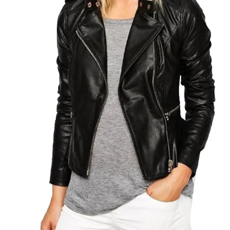 Women's Asymmetrical Black Sheep Leather Biker Jacket Cotton Fabric Linen Fabric Terry Fabric