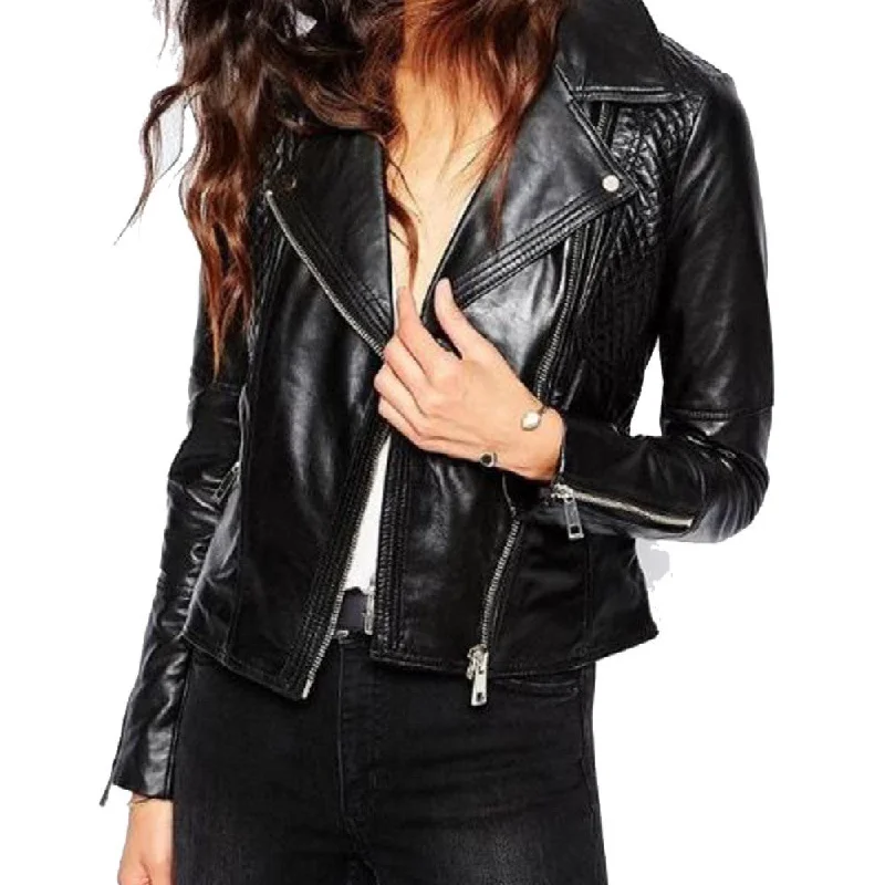 Womens Biker Designer Quilted Black Leather Jacket Ribbed Jacket Pleated Jacket Ruffled Jacket