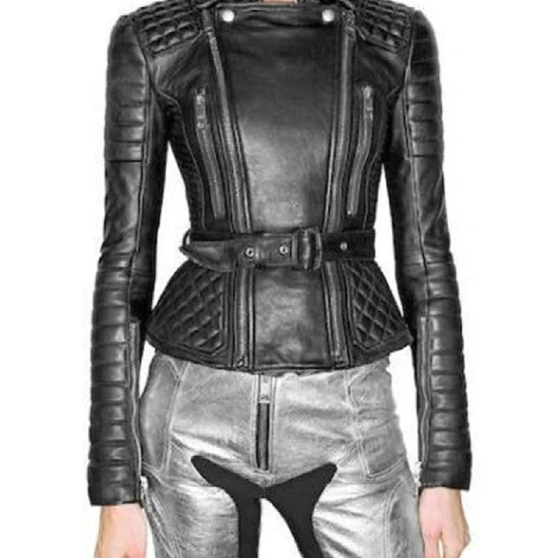 Womens Biker Padded Belted Black Leather Jacket Cotton Jacket Linen Jacket Terry Jacket